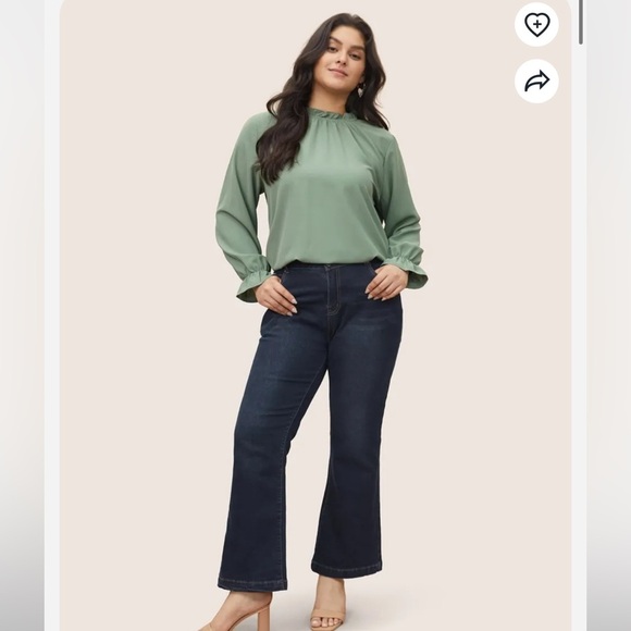 BloomChic Plus Size Plain Lantern Sleeve Ruffle Trim Mock Neck Blouse - Picture 5 of 6